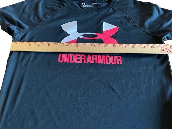 Under Armour Spellout Loose Coupe Heat Gear Short Sleeve TShirt SZ YL Black - Picture 4 of 9
